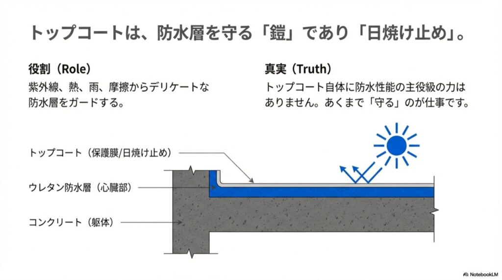 コンクリート躯体の上にウレタン防水層があり、その表面をトップコートが保護している断面図