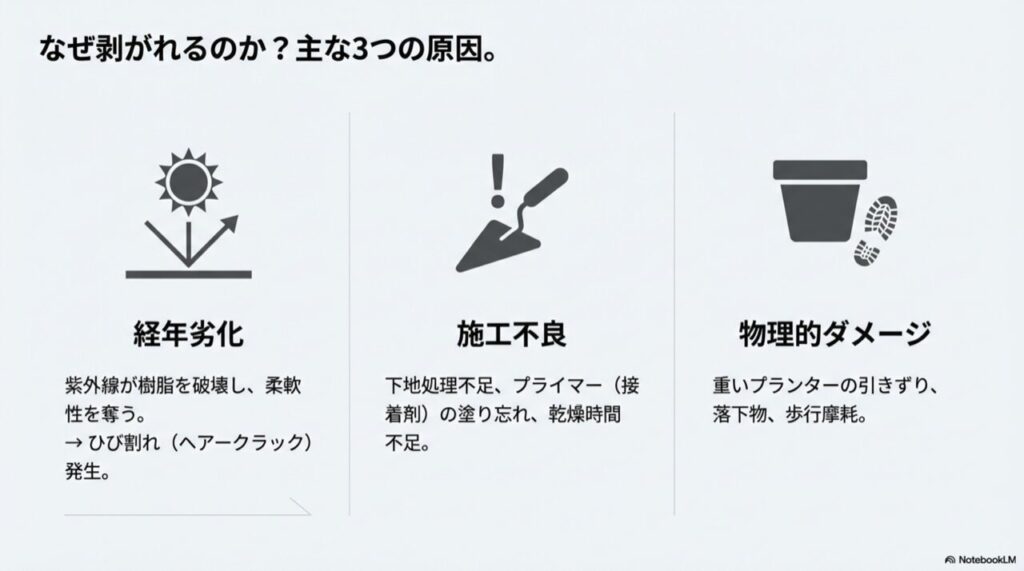 紫外線の影響、施工時の乾燥不足、重い物を引きずるなどの物理的衝撃を示すイラスト