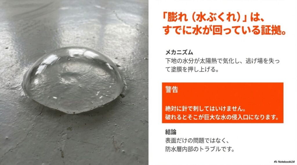 ベランダの床面が丸く膨れ上がっている写真と、水分が気化して塗膜を押し上げる図解