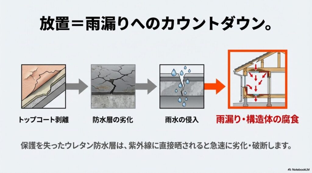 トップコートが剥離し、防水層が劣化することで雨水が建物内部へ侵入していく様子を描いた断面図