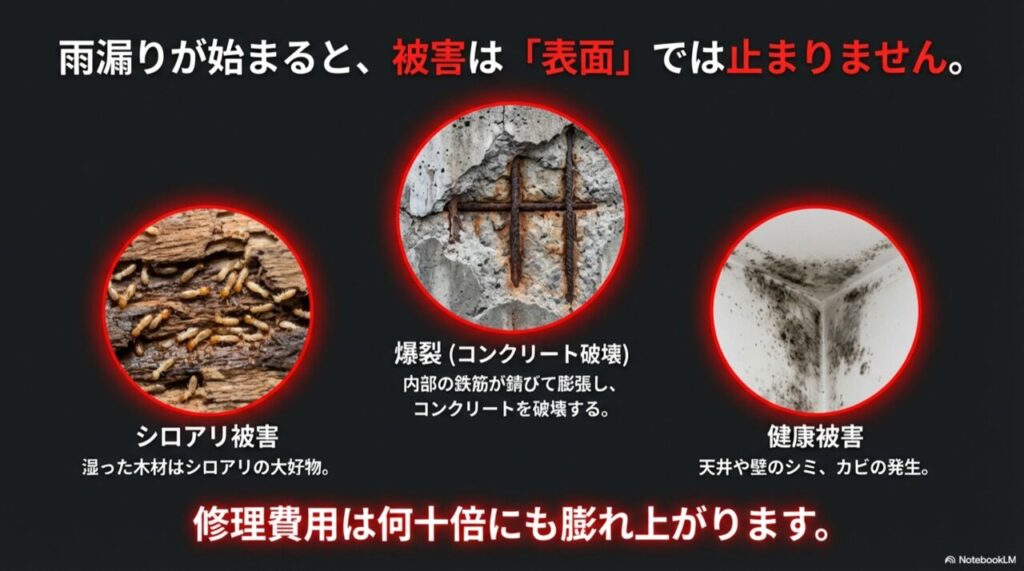 湿った木材に群がるシロアリ、鉄筋が錆びて破壊されたコンクリート、壁のカビの被害写真