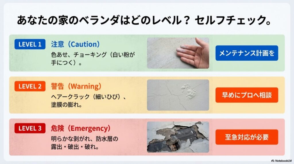 あせ等のレベル1から、ひび割れのレベル2、剥がれ・露出のレベル3までの症状写真一