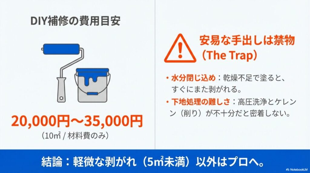 塗装道具のイラストと、水分閉じ込めや下地処理不足による施工不良のリスク解説