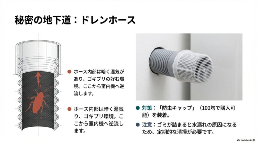 ドレンホースの内部断面図。暗く湿ったホース内をゴキブリが上へ登っていく様子