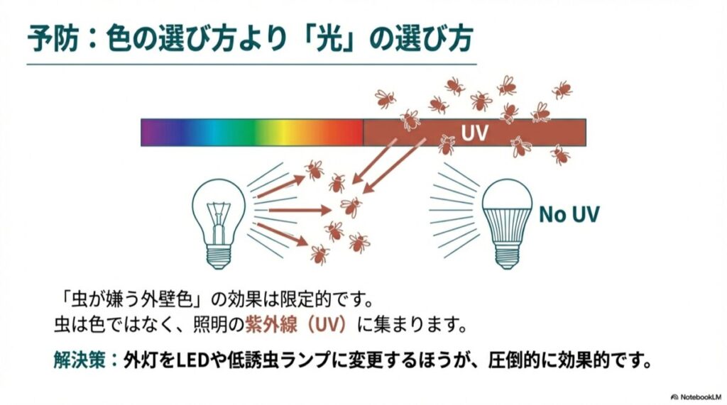 紫外線を含む従来の電球に虫が集まり、LEDには集まらない様子を比較したイラスト