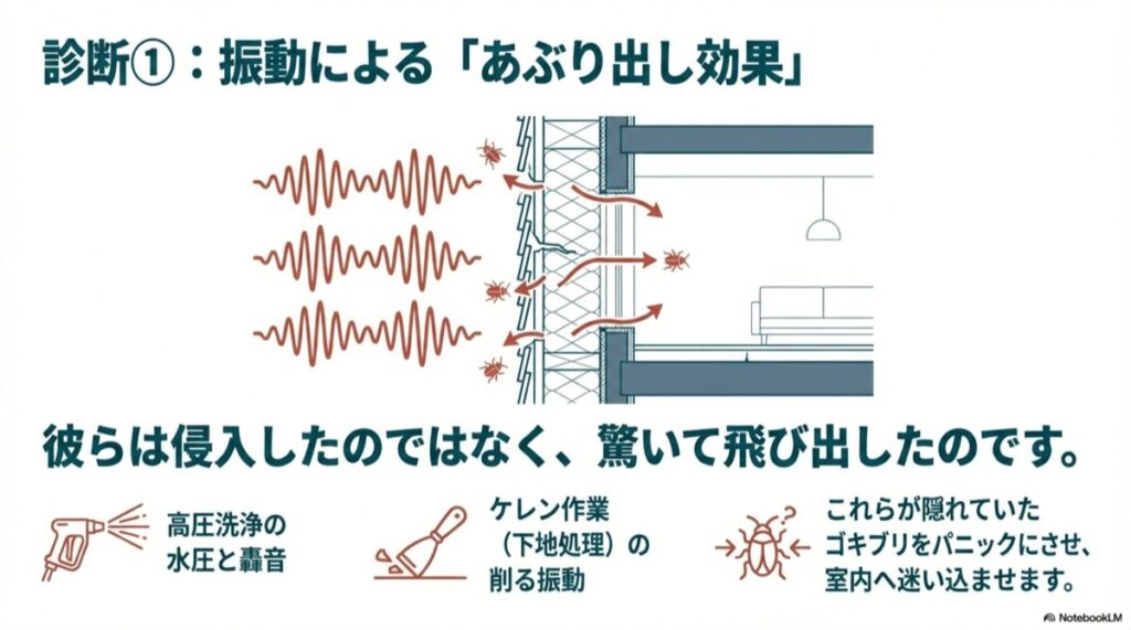 外壁塗装工事の振動でゴキブリが移動する図解