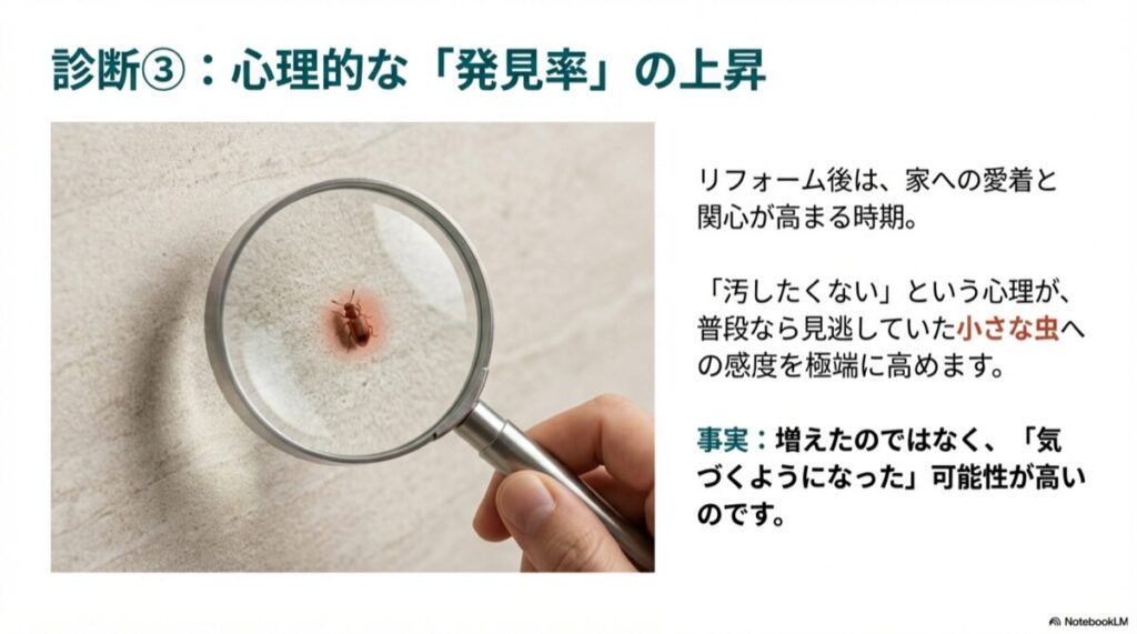 虫眼鏡で小さな虫を拡大して見ている様子。心理的に発見率が上がることを表現