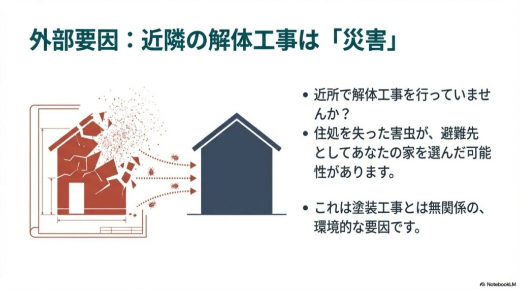 近所で解体工事が行われ、住処を失った虫たちがこちらの家へ移動してくるイラスト