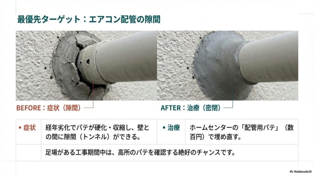 左：経年劣化でひび割れた配管パテの隙間。右：新しくパテで隙間なく埋められた状態の比較写真