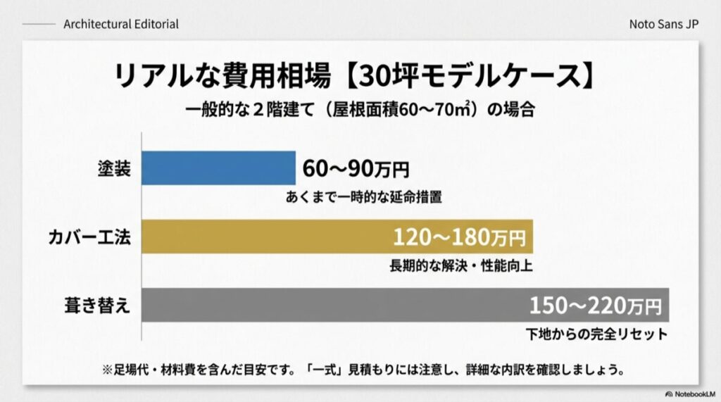 30坪のモデルケースにおける各工法の費用目安（塗装60-90万、カバー120-180万、葺き替え150-220万）と特徴の比較