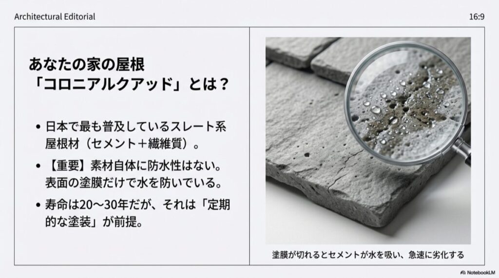 拡大鏡で見たスレート屋根の表面。塗膜が劣化し、素材がスポンジのように水を吸い込んでいる様子