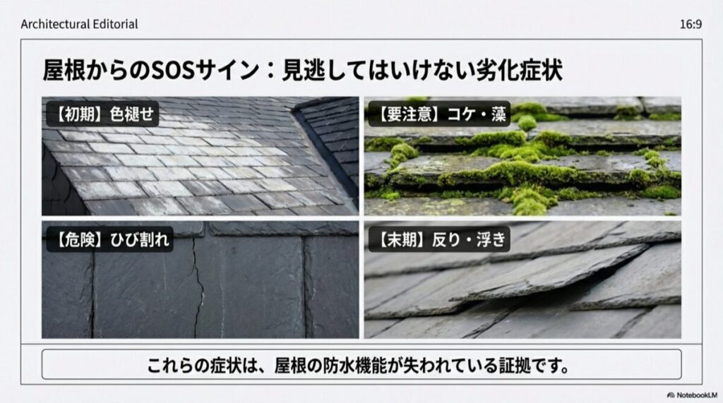 コロニアルクアッドの劣化段階別写真。初期の色褪せ、要注意のコケ・藻、危険なひび割れ、末期の反り・浮き