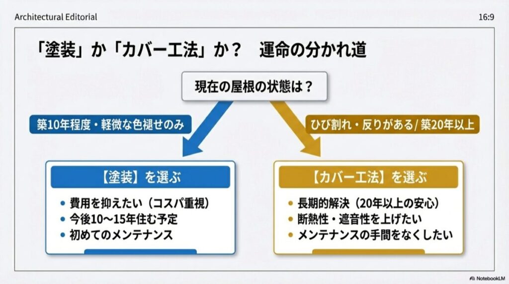 築年数や劣化状況、将来のライフプラン（今後何年住むか）に応じて、塗装かカバー工法かを選べる分岐図