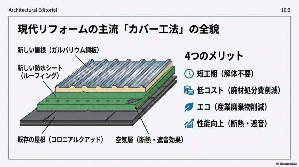 既存のコロニアルクアッドの上に防水シートと新しいガルバリウム屋根を重ねる断面図。空気層による断熱効果も図示