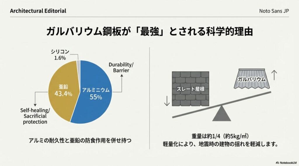 アルミニウム55%、亜鉛43.4%、シリコン1.6%の組成を示した円グラフ。自己修復作用と犠牲防食作用の解説