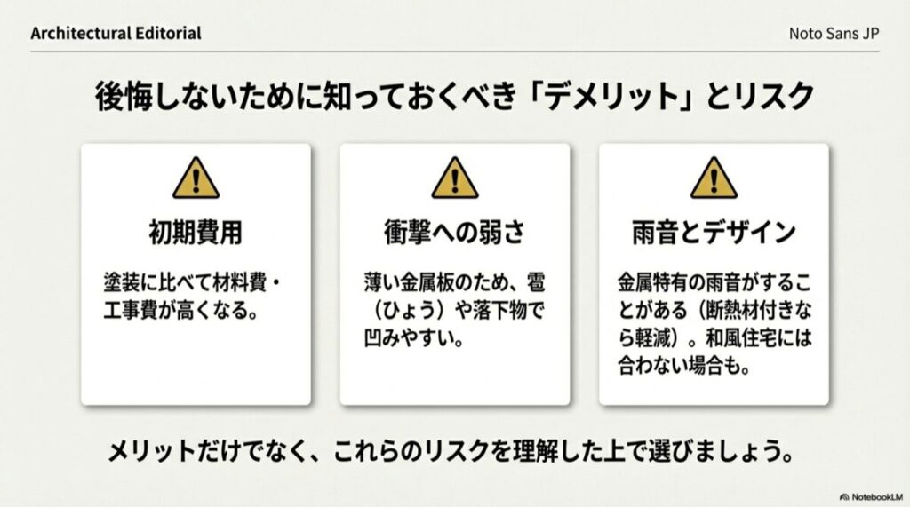 スレガルバリウム屋根のリスク一覧。初期費用の高さ、衝撃への弱さ、雨音などの懸念点をアイコン付きで解説ート屋根の下にある野地板が腐食しているイラスト。この状態ではビスが効かずカバー工法不可であることを示す