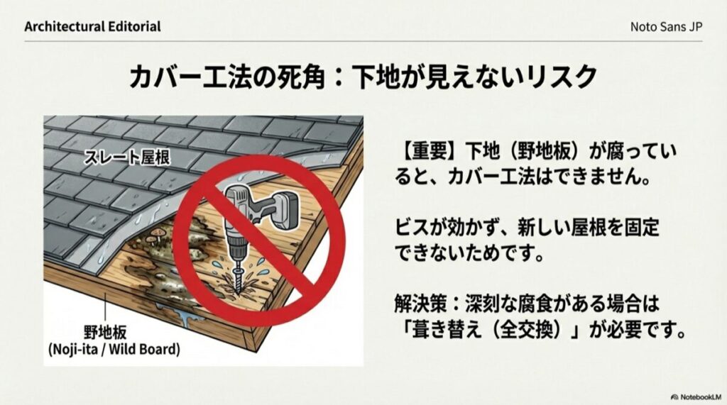 スレート屋根の下にある野地板が腐食しているイラスト。この状態ではビスが効かずカバー工法不可であることを示す