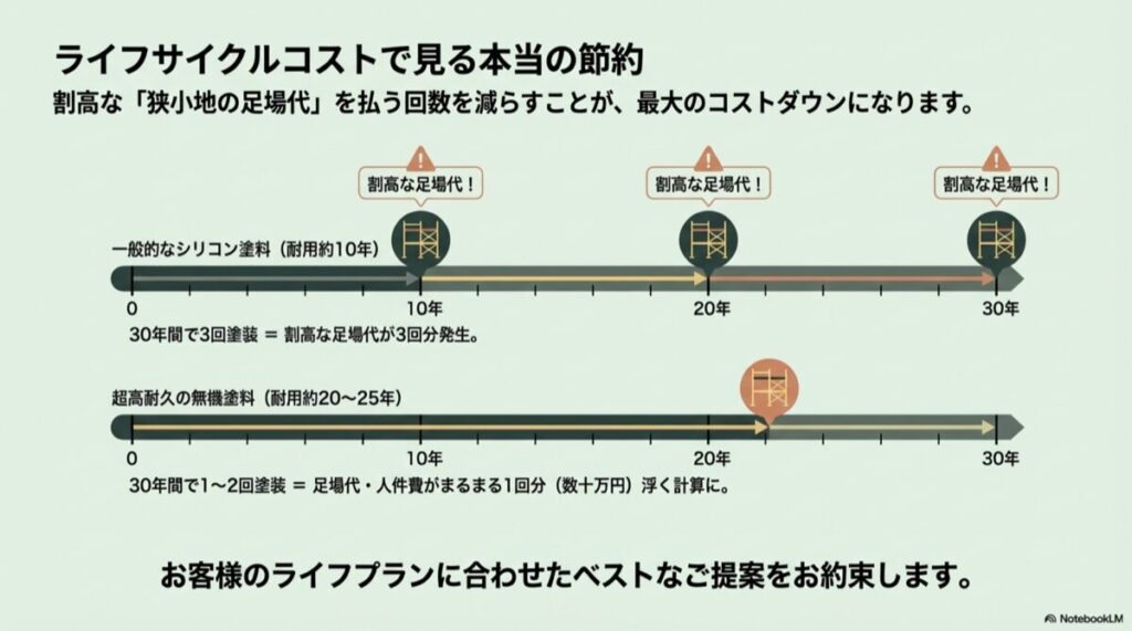 シリコン塗料（10年周期）と無機塗料（20年周期）で、30年間に発生する割高な足場代の回数差を示した比較図。