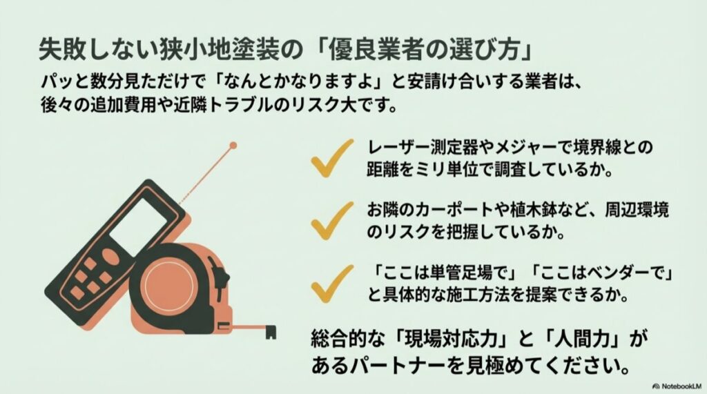レーザー測定器とメジャーのイラスト。境界線との距離測定や周辺リスクの把握など、現場調査の重要性。