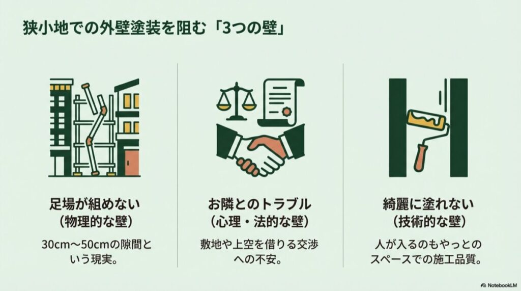 物理的（足場）、心理・法的（近隣トラブル）、技術的（施工品質）という3つの課題をアイコンで示した図。