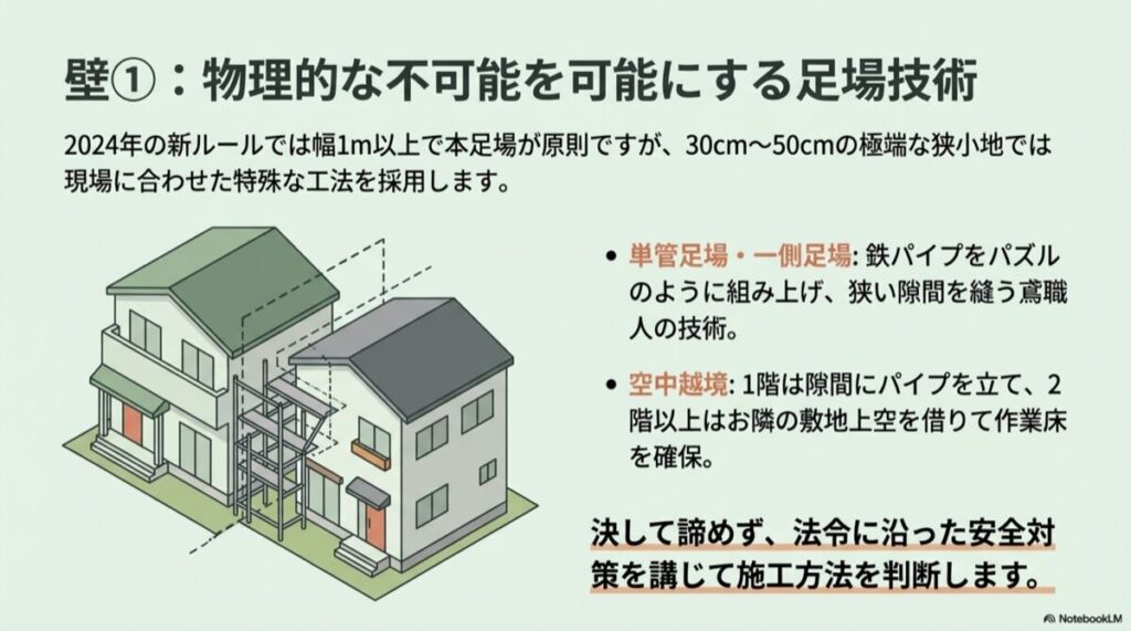 隣家との狭い隙間に単管足場を組み、2階部分でお隣の敷地上空を借りて作業床を確保する構成図。