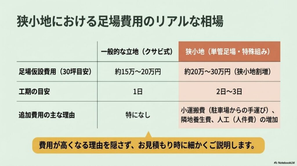 クサビ式足場と単管足場の費用、工期、追加費用の理由（小運搬費など）を比較した表。