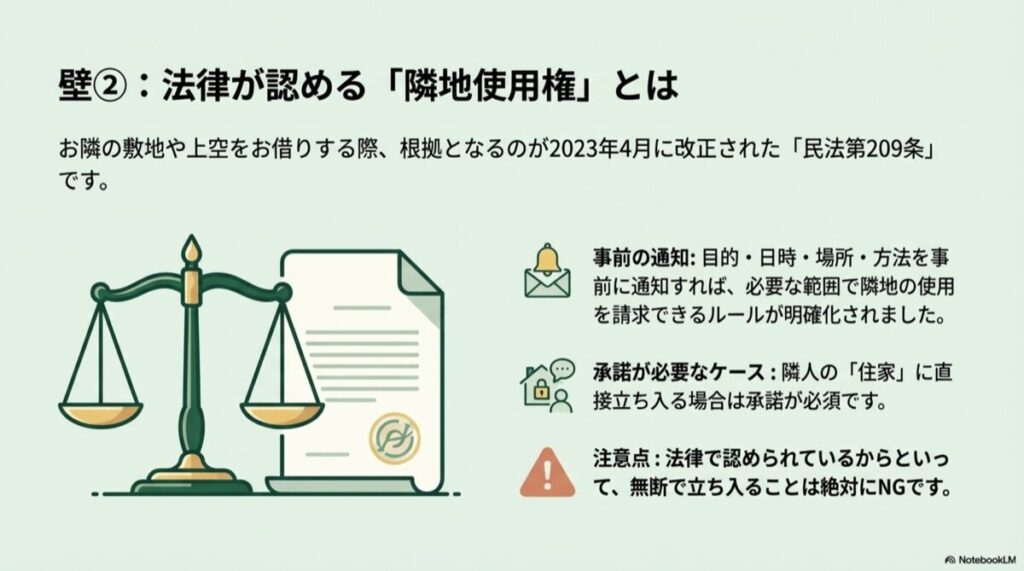 天秤と書類のイラスト。事前の通知ルールや、住家立ち入りの際の承諾、無断立ち入り禁止などの法的注意点。