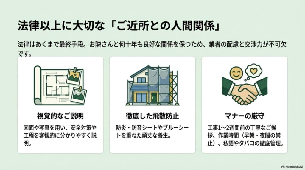 図面・写真による説明、徹底した飛散防止（養生）、マナー厳守（挨拶・作業時間）を示すイラストと解説。