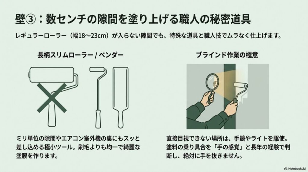 レギュラーローラーが入らない隙間で使用する長柄スリムローラーやベンダー、手鏡とライトを使った目視確認の様子。