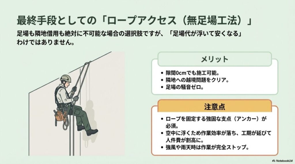 職人が屋上からロープで吊り下がり、足場がない壁面で塗装作業を行っている様子。