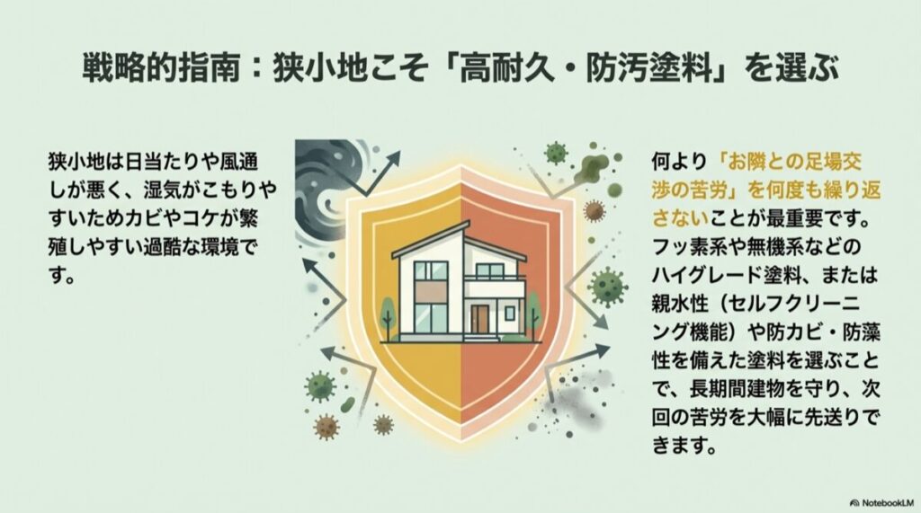 盾に守られた家のイラスト。カビ、コケ、湿気などの過酷な環境要因をブロックするイメージ図。