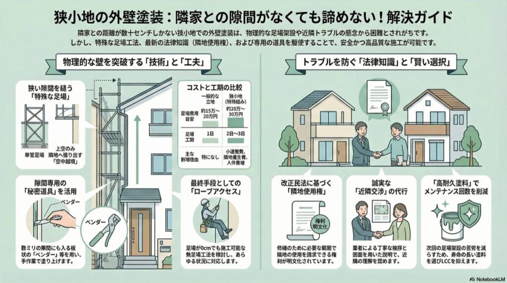 狭小地の外壁塗装：隣家との隙間がなくても諦めない！解決ガイド