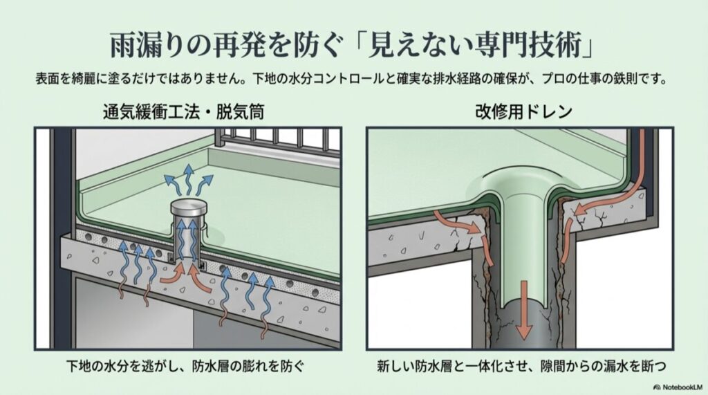 下地の水分を逃がす脱気筒（通気緩衝工法）と、既存ドレンに差し込む改修用ドレンの構造断面図。