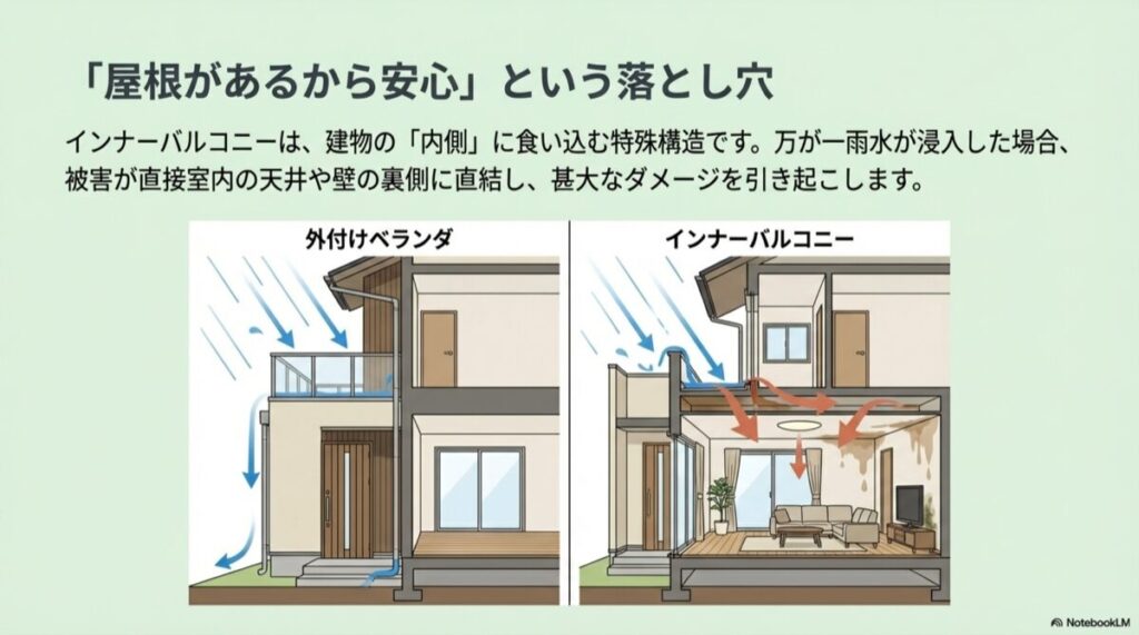 外付けベランダとインナーバルコニーの雨漏り経路の比較図。インナーバルコニーは雨水が室内に直結するリスクを図解。