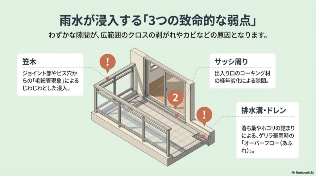 笠木、サッシ周り、排水溝の3箇所を指摘したインナーバルコニーの構造図解。
