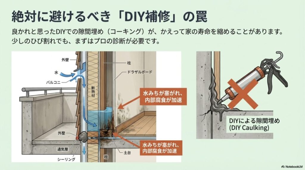 DIYでシーリングを塞いだ結果、水みちが閉じ込められ、断熱材や柱が腐食していく様子を描いた断面図。