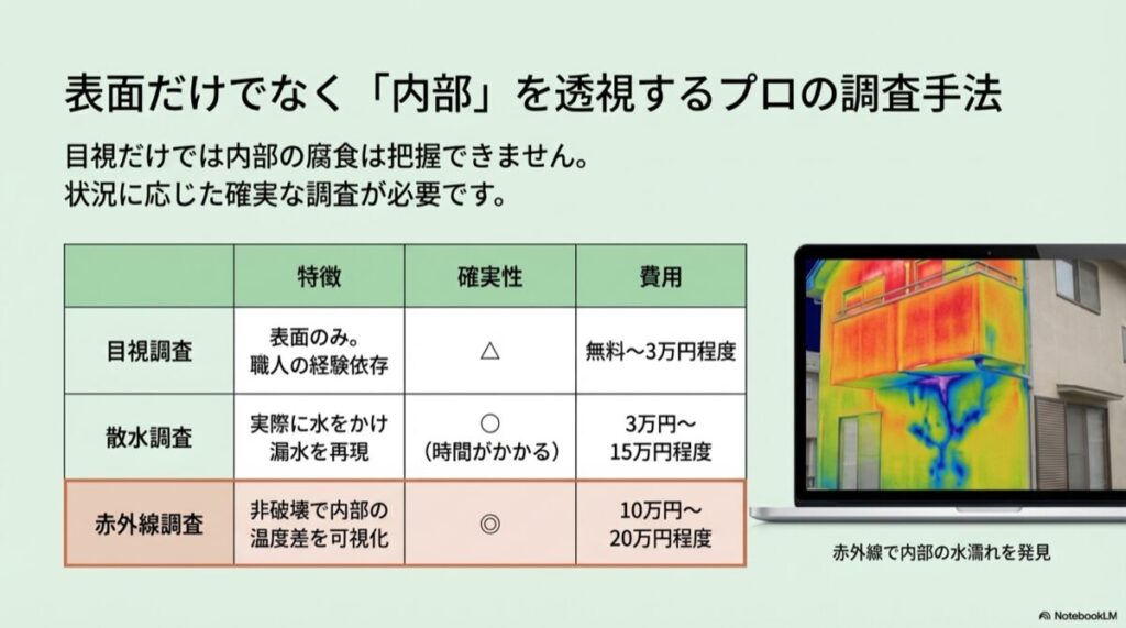 住宅の外壁を赤外線カメラで撮影し、内部の水分による温度差を青く可視化した調査画面のイメージ。