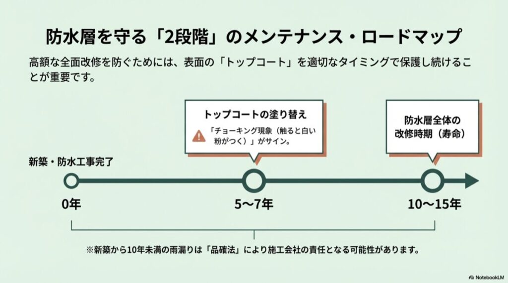0年（新築）、5〜7年（トップコート塗り替え）、10〜15年（防水層改修）の時期を示したタイムライン図。