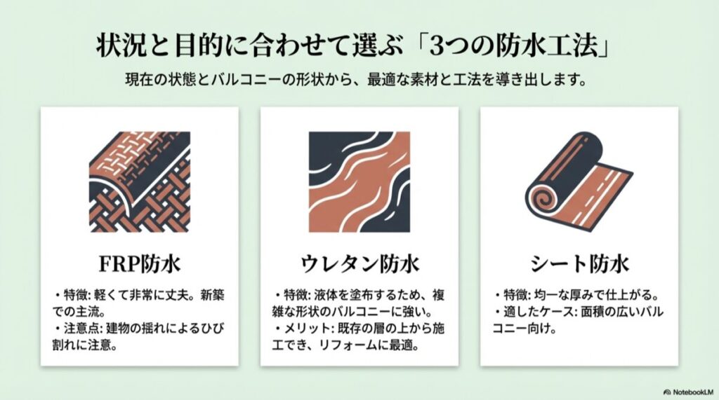 FRP防水、ウレタン防水、シート防水のそれぞれの素材感と特徴をまとめた比較イメージ図。
