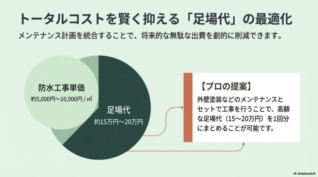 防水工事単価と足場代の相場を示し、メンテナンスをまとめることで足場代を節約できることを示す解説図。